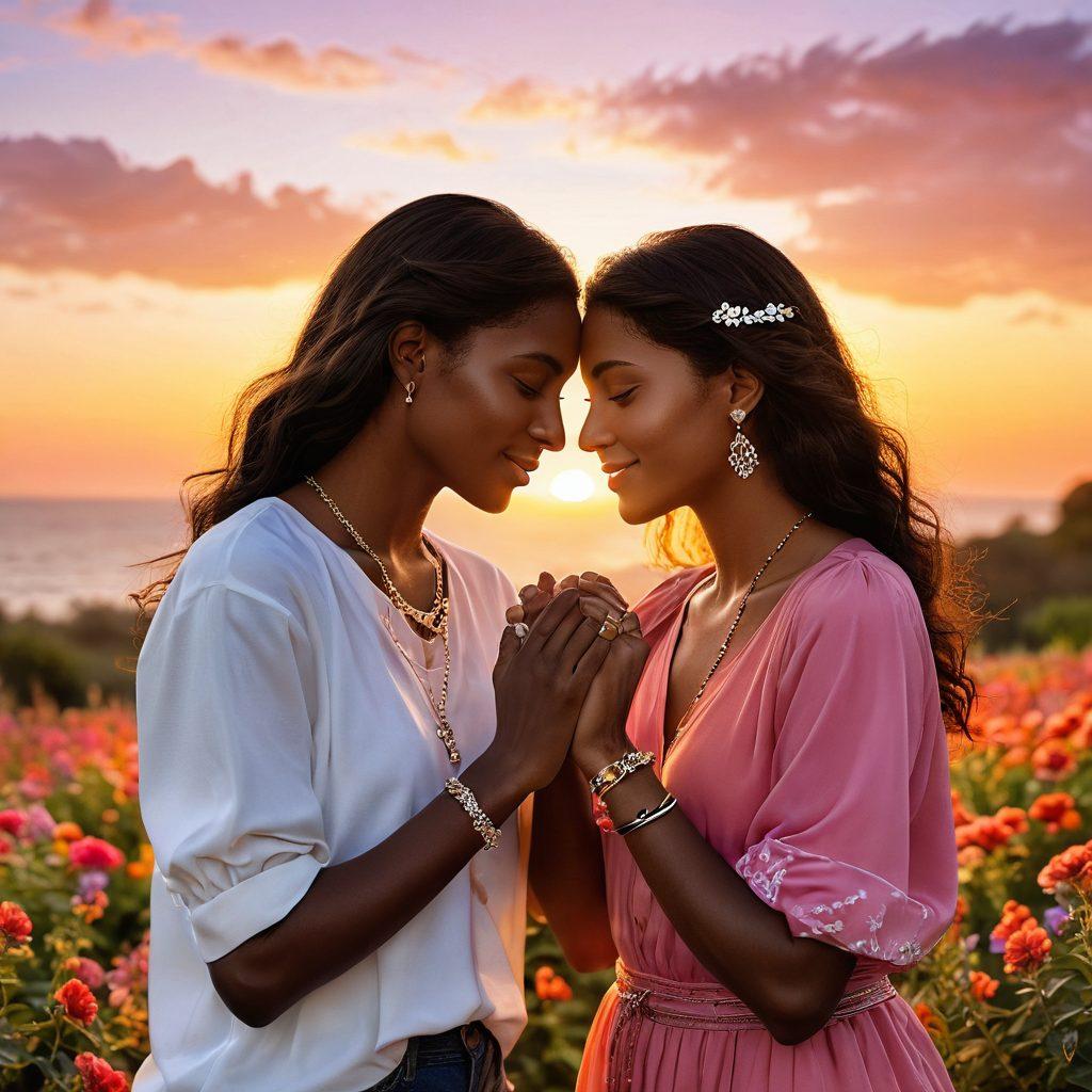 A touching scene of two friends surrounded by sparkling charitable jewelry, symbolizing their blossoming romance. The jewelry pieces exhibit vibrant colors and are intertwined in a heart shape, reflecting love and compassion. In the background, a soft sunset casts warm light, highlighting their emotional connection. Include subtle elements of nature, like blooming flowers, to enhance the atmosphere. super-realistic. vibrant colors. warm tones.