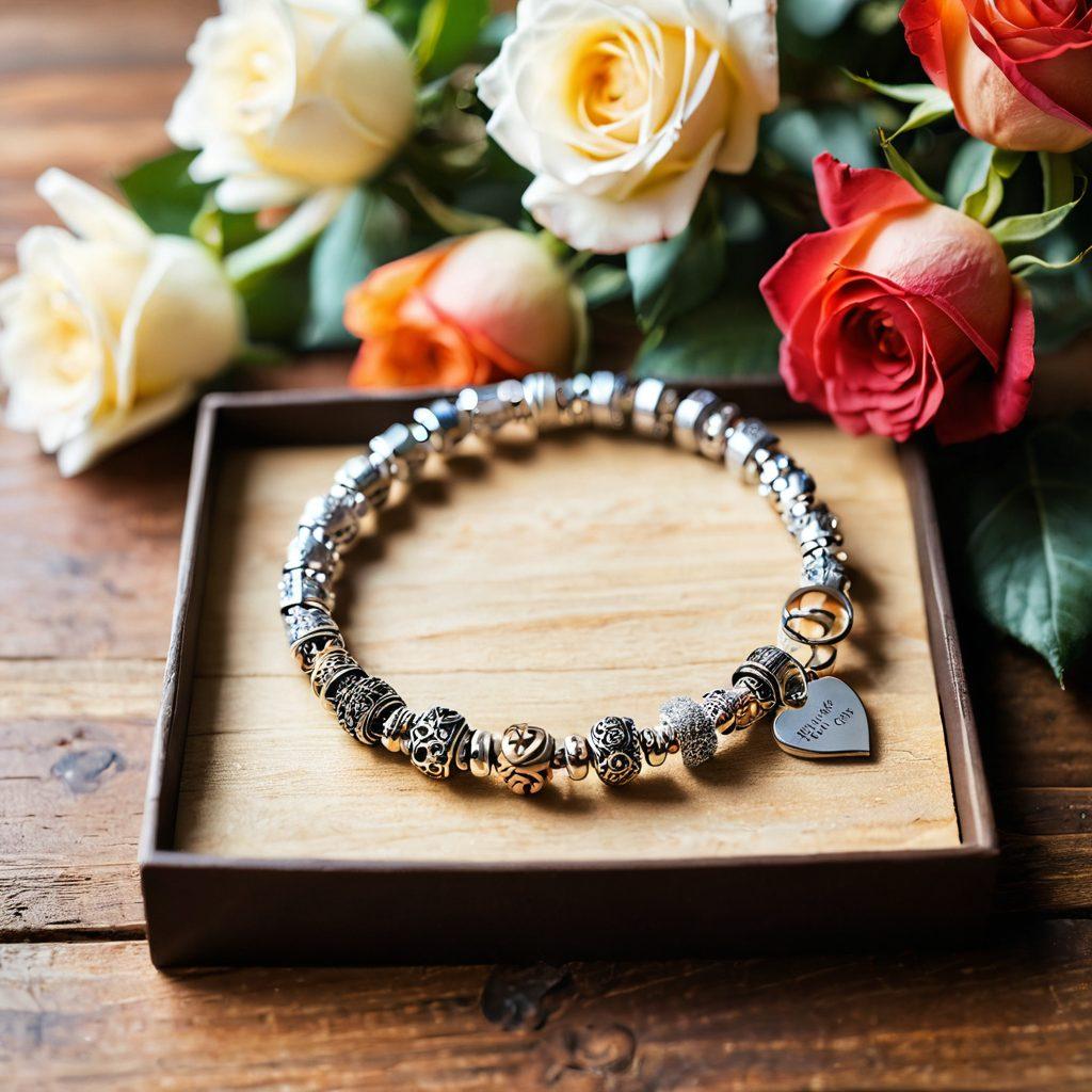 A heartwarming scene featuring a variety of beautifully designed compassion bracelets displayed on an elegant wooden table. Soft sunlight filters through, highlighting each bracelet's unique charm and texture while roses in soft focus frame the background, symbolizing love and affection. An open gift box with a heartfelt note complements the scene, inviting warmth and emotion. soft focus. warm tones. natural light.